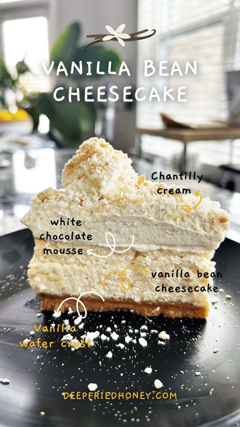 Cheesecake Factory Cheesecake Recipes, French Cheesecake, Vanilla Bean Recipes, Cheesecake With Whipped Cream, Layer Cheesecake, Cheesecake Factory Copycat, Vanilla Wafer Crust, French Vanilla Cake, White Chocolate Shavings