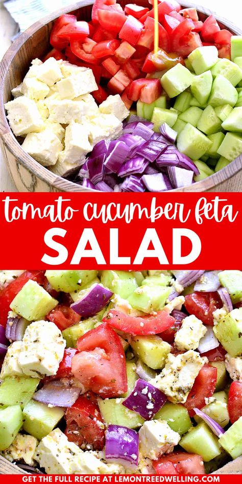 Tomato Cucumber Feta Salad is fresh, flavorful, and SO delicious! It combines crisp cucumbers, juicy tomatoes, red onion, and feta cheese with a simple homemade vinaigrette. One of our favorite go-to summer salads! Quick Simple Salads, Tomato Onion Feta Salad, Really Easy Healthy Meals, Essen, Cucumber Tomato Salad Mediterranean, Tomatoes Feta Salad, Feta Tomato Dip Recipes, Cucumber And Feta Cheese Salad, Tomato Cucumber Feta Salad Balsamic