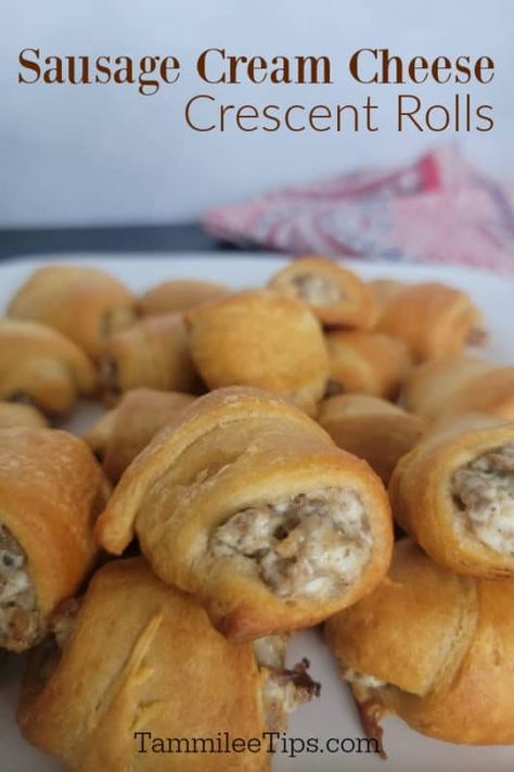 3 Ingredient Sausage Cream Cheese Crescent Rolls - Tammilee Tips Sausage Puffs Cream Cheeses, Crescents With Cream Cheese Sausage, Sausage Crescent Cheese Balls, Crescent Rolls Sausage Cream Cheese, Sausage And Cream Cheese Croissants, Croissant Sausage Cream Cheese, Breakfast Sausage Croissant, Crossiant Rolls Easy Recipes, Crescent Cream Cheese Sausage