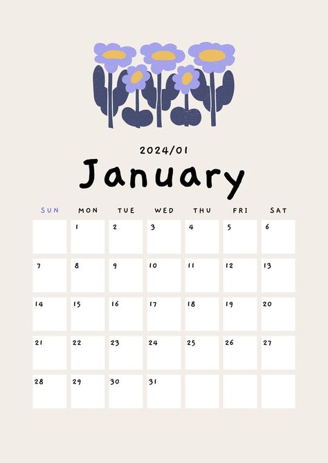 Beige Cute Playful Organic Flower Illustration 2024 Calendar A4 Document - Templates by Canva Calender Template, January Wallpaper, Free Printable Calendar Templates, January Calendar, A4 Document, Cute Calendar, Digital Calendar, Printable Calendar Template, Calendar Wallpaper