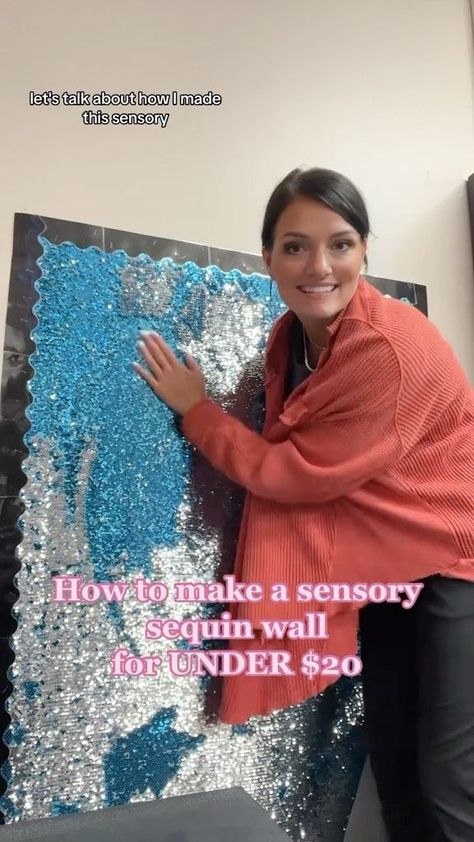 Sensory Room School Ideas, Sensory Hanging Ideas, Sensory Wall Activities, Sensory Decorations Classroom, Sensory Wall Panels, Sequin Wall Classroom, Sequence Sensory Wall, Wall Sensory Board, Sensory Area Ideas