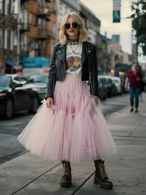 40, Fabulous, and Ready to Slay: 15 Fierce Outfit Ideas for Your Big Birthday Bash! 🎉💃 36 Fall Tulle Skirt Outfit, Tutu Outfits For Women, Tule Skirt Outfit, Witch Outfit Ideas, Rock Inspired Outfits, Tutu Skirt Outfit, Edgy Leather Jacket, Tulle Skirts Outfit, Pink Tulle Skirt