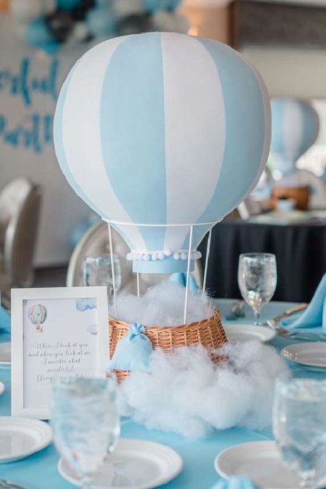 Baby Boy Shower Table Set Up, Faux Clouds Diy, Baby Boy Shower Centerpiece Ideas, Cloud 9 Baby Shower Theme Centerpieces, Bris Decor, Diy Hot Air Balloon Basket, Cloud Centerpiece Baby Shower Ideas, Cloud Theme Centerpieces, Cloud Gender