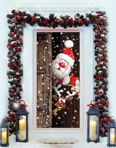 These are the most AMAZING Christmas door decorations for home, including Santa and Rudolph Christmas door covers, and other festive Christmas door ideas! So, if you're wondering what Christmas door decorating ideas to go with this year, try these pretty outdoor Christmas decorations and Christmas porch decor ideas! Natal, Christmas Door Covers, Decorate Garage Door For Christmas, Decorated Doors For Christmas, Christmas Door Ideas For Home, Xmas Door Decorations, Santa Door Decoration, Christmas Door Decorations For Home, Christmas Door Decoration Ideas