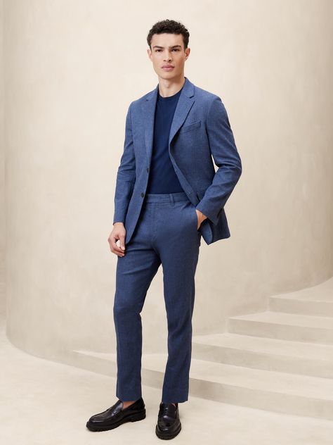 Tailored-Fit Linen-Blend Suit Jacket | Banana Republic Factory Summer Wedding Navy Suit, Blue Suit Jacket Combinations, Fall Wedding Guest Outfit Men, Male Cocktail Attire, Casual Blazer Outfits Men, Men Wedding Attire Guest, Casual Cocktail Attire, Wedding Guest Outfit Men, Casual Wedding Suit