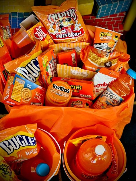 Ladies Night Party Themes, Orange Party Theme, Orange Gift Basket, Red Snacks, Homemade Gift Boxes, Theme Snack, Picnic Snacks, Holiday Traditions Family, Coordinates Gift