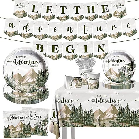 Travel Themed Party, Decorations For Baby Shower, Baby Shower Plates, Adventure Awaits Baby Shower, Themed Party Decorations, Travel Party Theme, Adventure Baby Shower, Let The Adventure Begin, Adventure Theme