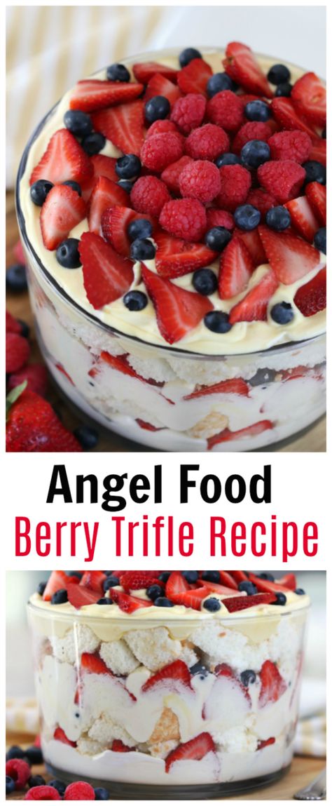 Dinner For A Party Easy, Flan, Layered Angel Food Cake With Berries, Layered Easter Dessert, Fresh Berry Dessert Recipes, Dessert With Cheesecake Pudding, White Cake With Berries On Top, Uncommon Desserts, Premade Desserts For Party