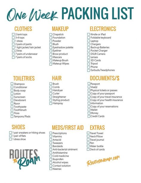 One Week Packing Checklist for a week long vacation - A printable packing list to keep you organized when you travel #packinglist #packing #travel #traveltips #organization List To Pack For Vacation, Packing List For 2 Weeks Summer, 2 Week Holiday Packing List Summer, 2 Week Summer Vacation Packing List, 2 Week Trip Packing List Summer, Things To Pack For Holiday, Packing For A Week Trip Summer, Five Day Packing List, Packing List 2 Weeks Summer