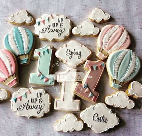 Hot air balloon cookies Air Balloon Cookies, Hot Air Ballon Party, Hot Air Balloon Cookies, Cookie Birthday Party, Balloon Cookies, Hot Air Balloon Party, Twins 1st Birthdays, Twin First Birthday, Baby Boy Birthday