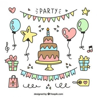 Drawing Of Birthday Party, Birthday Art Drawings, Birthday Elements, Party Drawing, Happy Birthday Doodles, Happy Birthday Decoration, Party Graphic, Birthday Doodle, Creative Birthday Cards