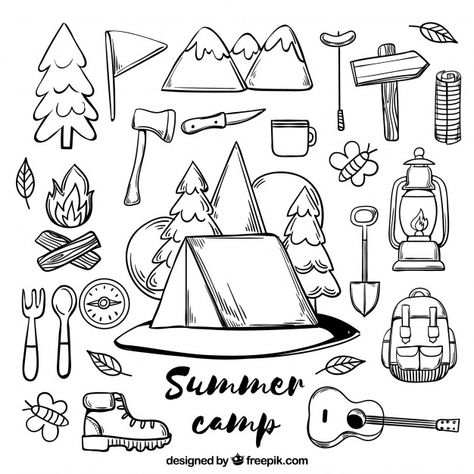 Collection of hand drawn summer camp ele... | Free Vector #Freepik #freevector #background #hand #summer #nature Camping Drawing, New Adventure Quotes, Travel Doodles, Camping Pics, Banner Web, Quotes Posters, Drawing Quotes, Hand Lettering Quotes, Hand Drawn Vector Illustrations