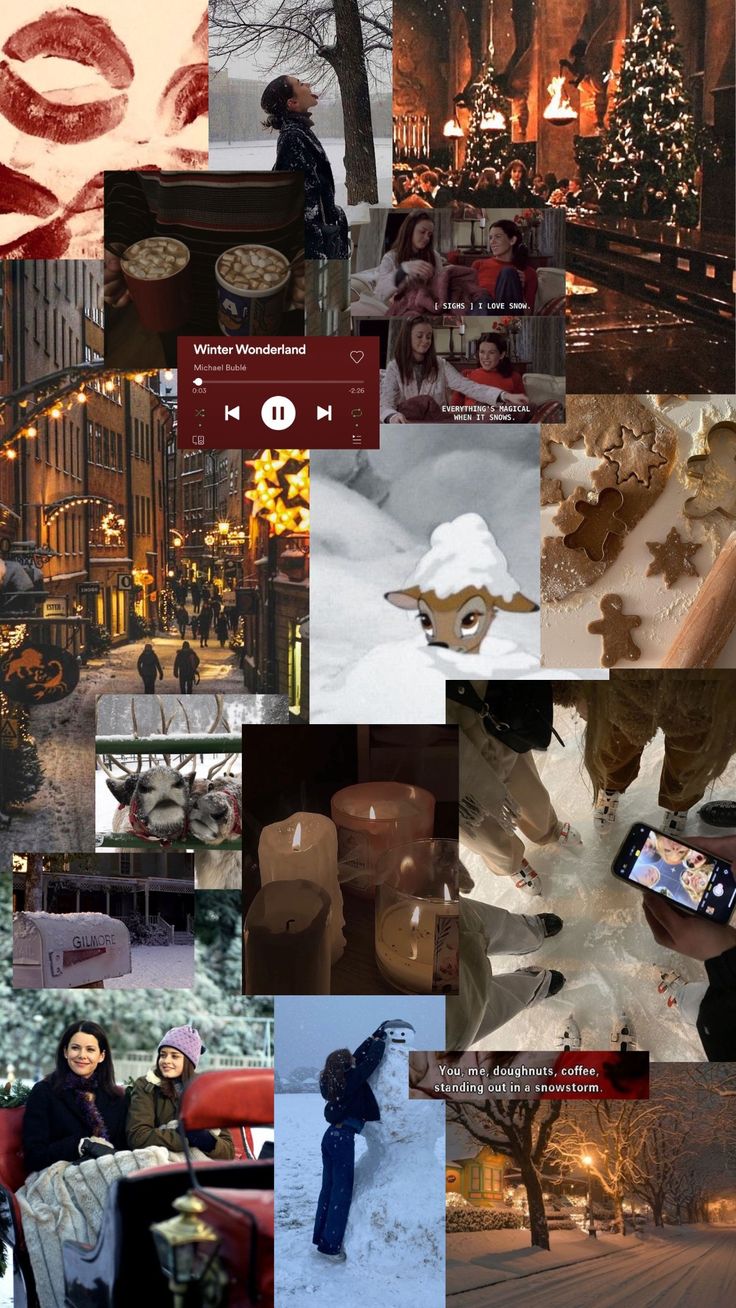 the collage shows many different images and people in winter clothes, trees, buildings, and snow