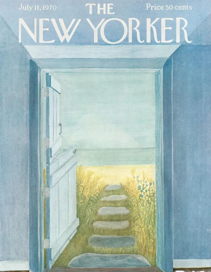 the new yorker magazine cover with an open door leading to a path that leads into a field