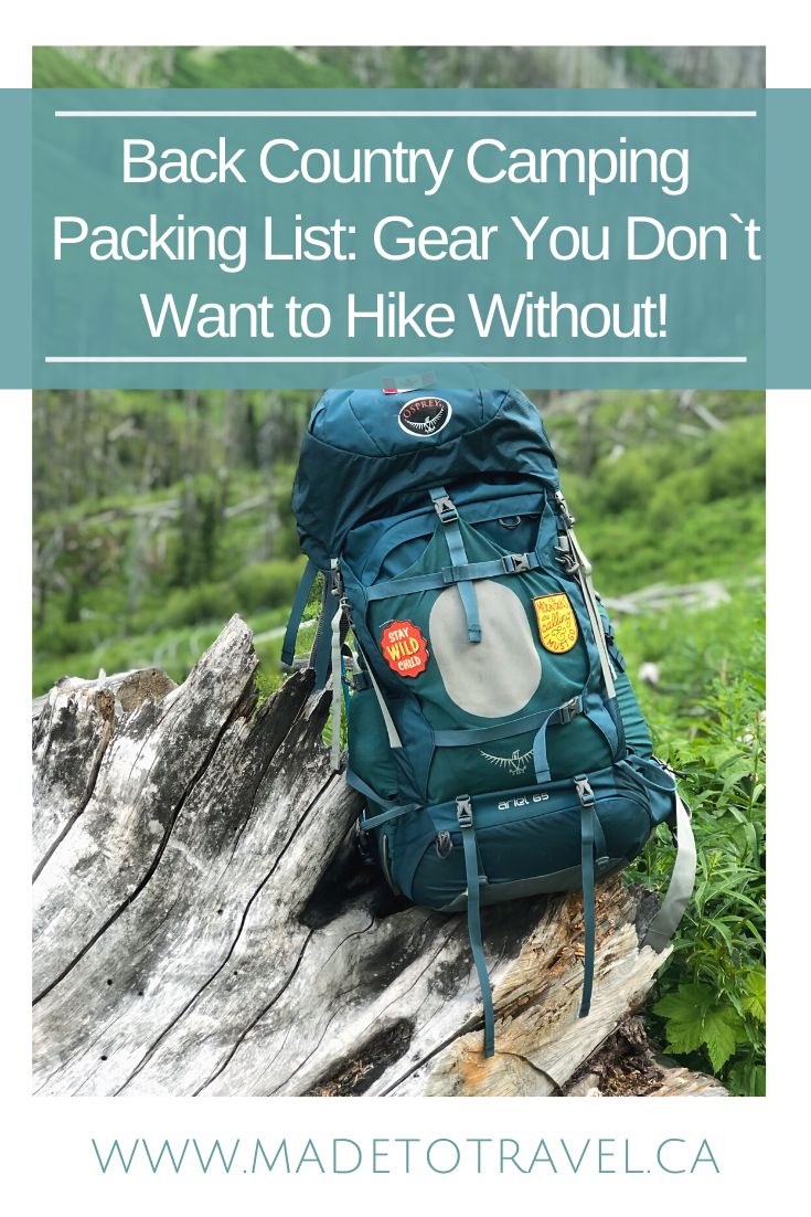 a backpack sitting on top of a tree stump with the words back country camping packing list gear you don't want to hike without