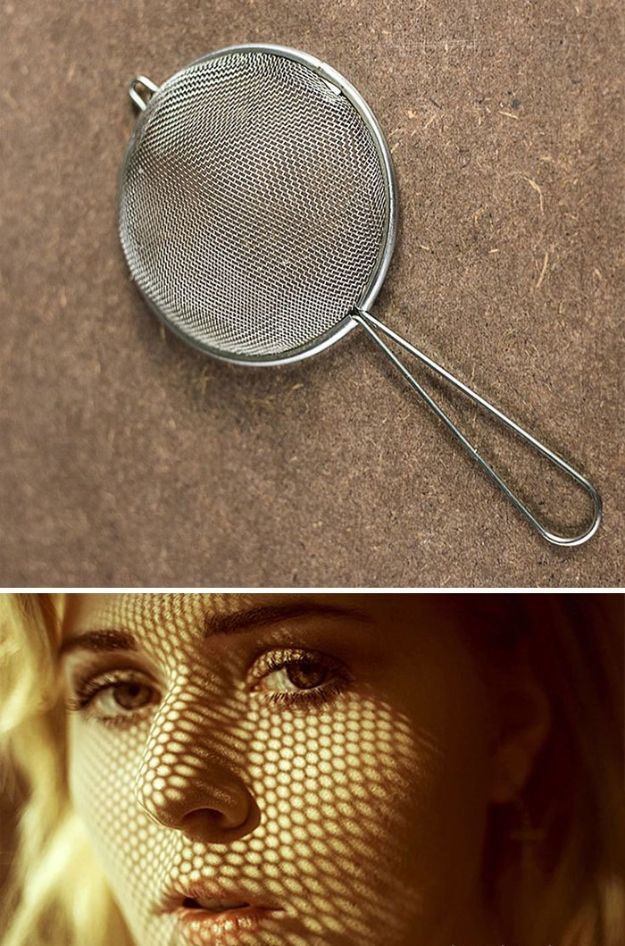 two photos one with a woman's face and the other has a mesh strainer