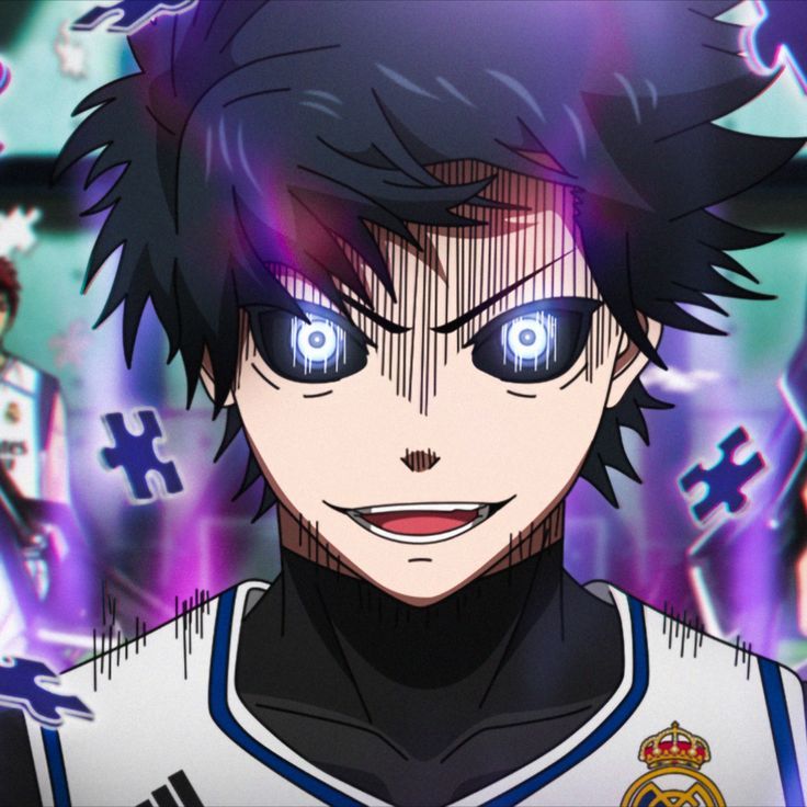 an anime character with blue eyes in front of purple and pink lights, surrounded by other characters