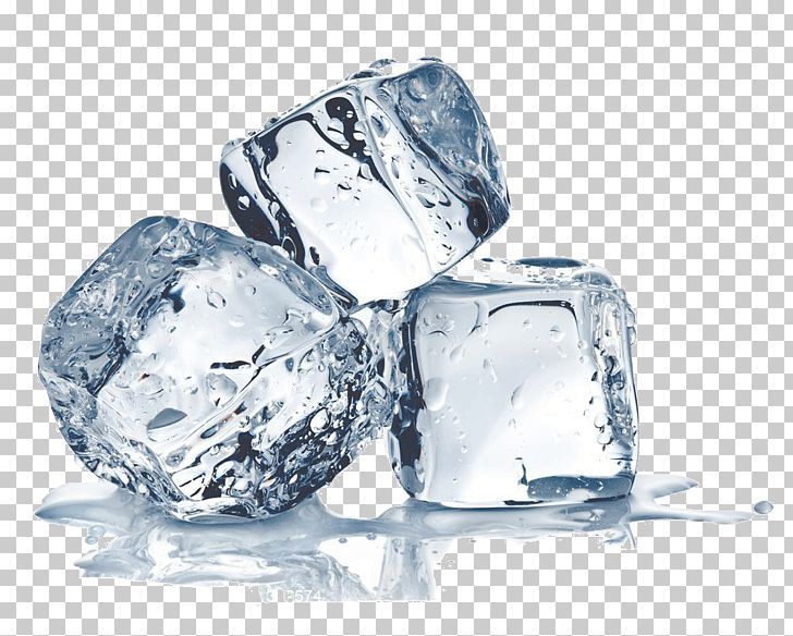 three ice cubes with water splashing around them on a transparent background png clipart