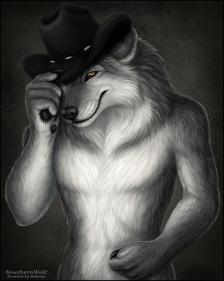 a drawing of a wolf wearing a hat and holding his hands up to his face