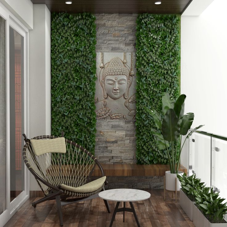 Balcony With Green Planter Wall And Buddha Design Modern Balcony Design, Buddha Wall Decor, Vertikal Garden, Wooden Ceiling Design, Beautiful Balcony, Drawing Room Decor, Balcony Design Ideas, Balcony Chairs, House Balcony