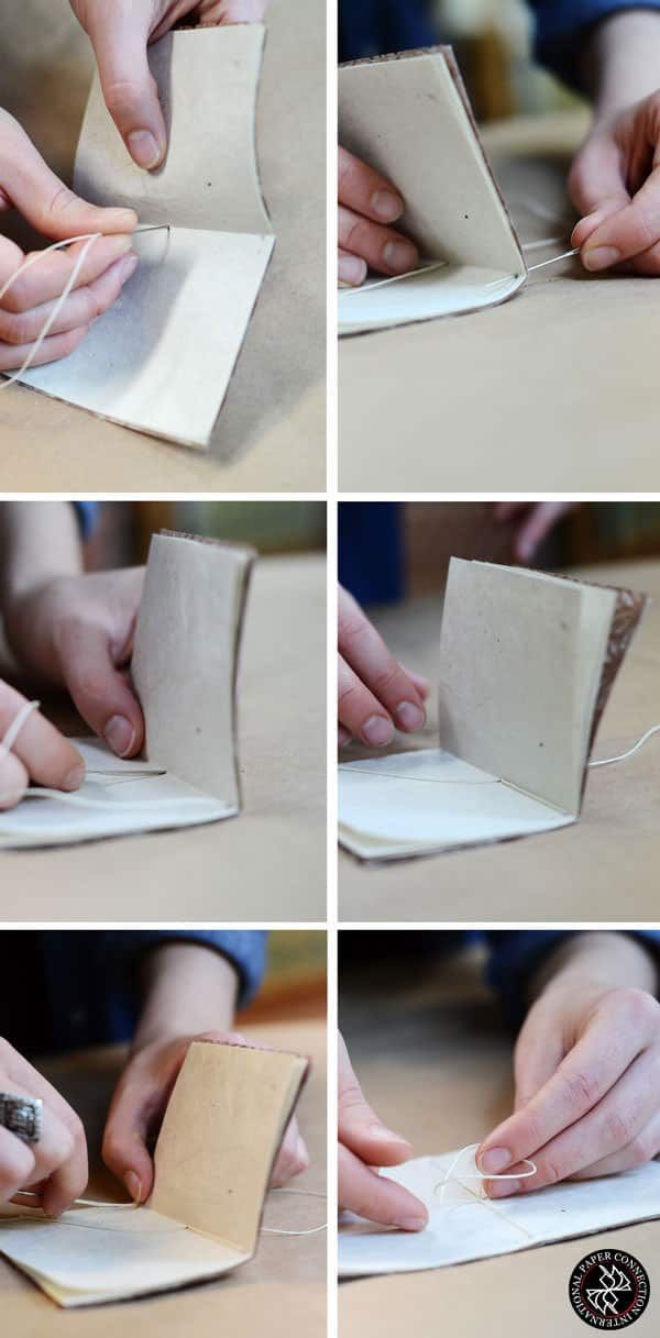 four pictures showing how to make an origami box with paper and glue on it