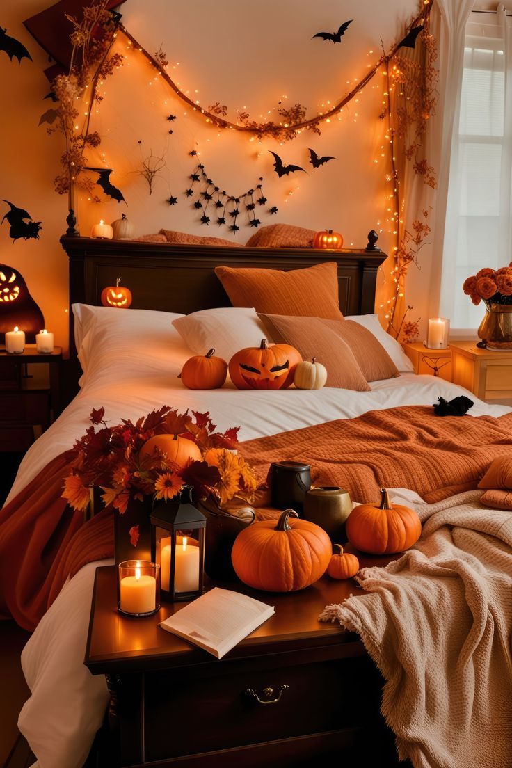 Enchanting Halloween: Elevate Your Home's Eerie Aura 🦇 Halloween Living Room Aesthetic, Halloween Themed Living Room, Halloween Aesthetic Bedroom, Halloween Decorations Living Room, Halloween Apartment Decor, Halloween Themed Bedroom, Halloween Bedroom Aesthetic, Halloween Apartment, Halloween Decor Indoor