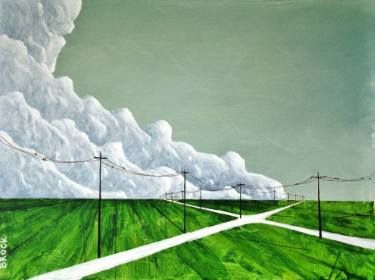 a painting of power lines and clouds in the sky over a green field with trees