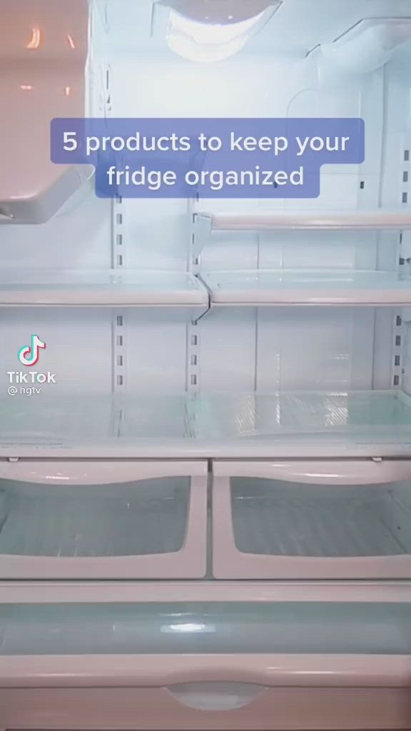 This may contain: the refrigerator door is open and there are five products to keep your fridge organized