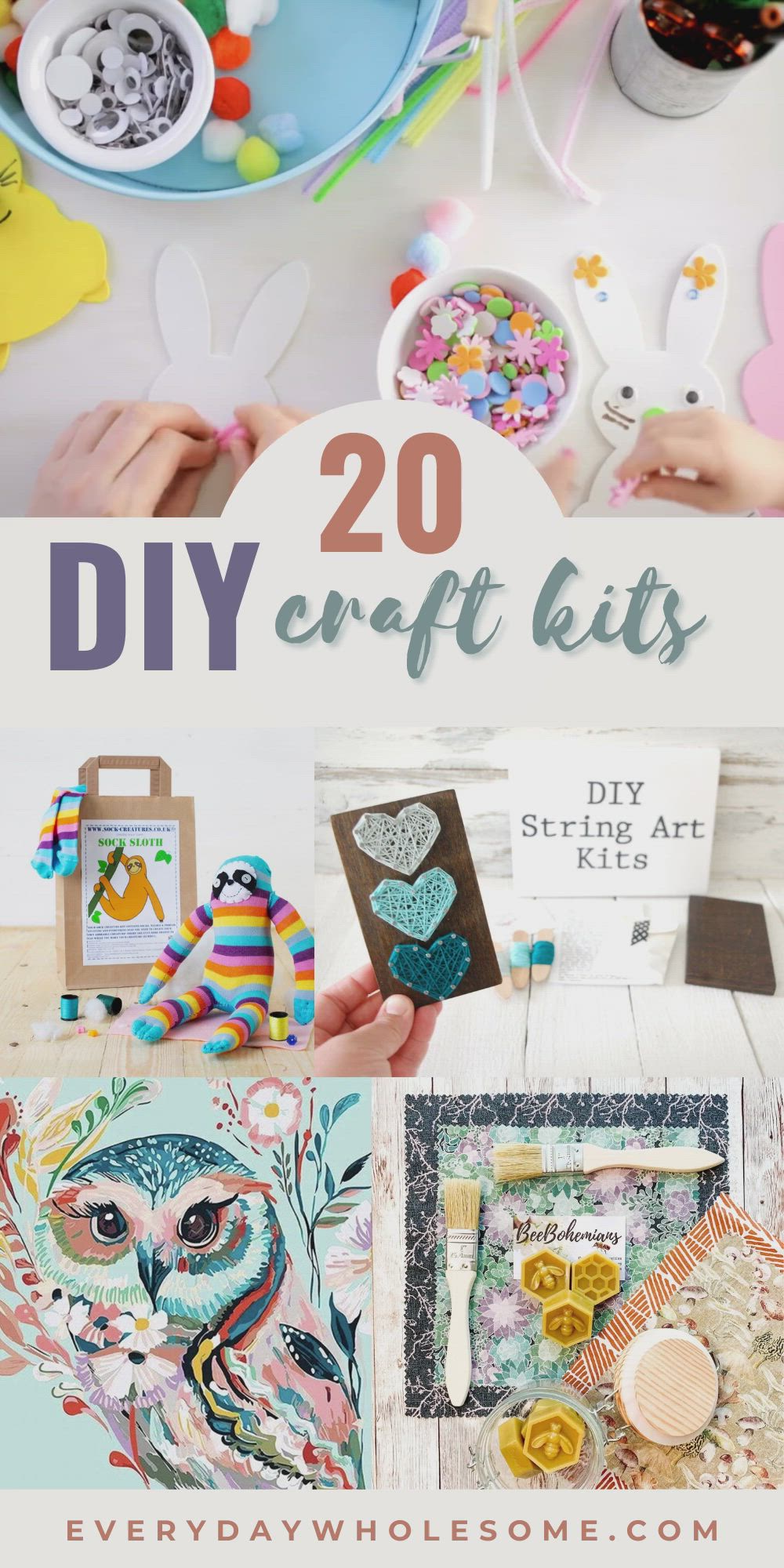 This contains: 20 Best DIY Craft Kits for kids, teens & adults including crafts that are painting, crochet, string art, weaving, felting, looming, loom, beeswax, carving, whittling, mosaic, jewlery and bracelet making, paint by number, concrete planters, macrame, sock craft kit, moss, wall art, rag wall art, and dream catchers.