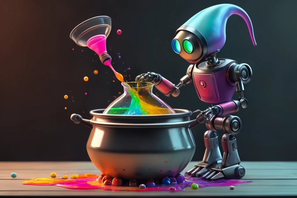 A robot witch mixing colorful liquids in its magic cauldron