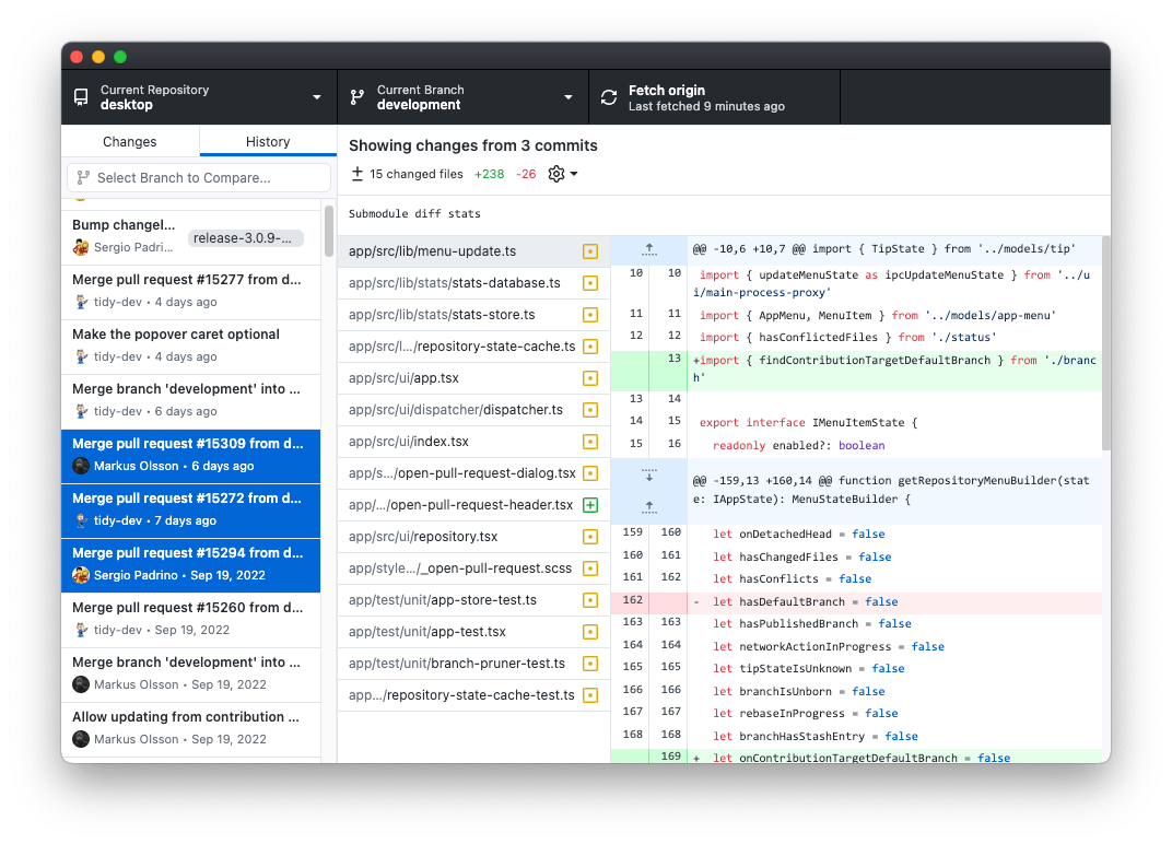 Screenshot of GitHub Desktop displaying multi-commit diffs