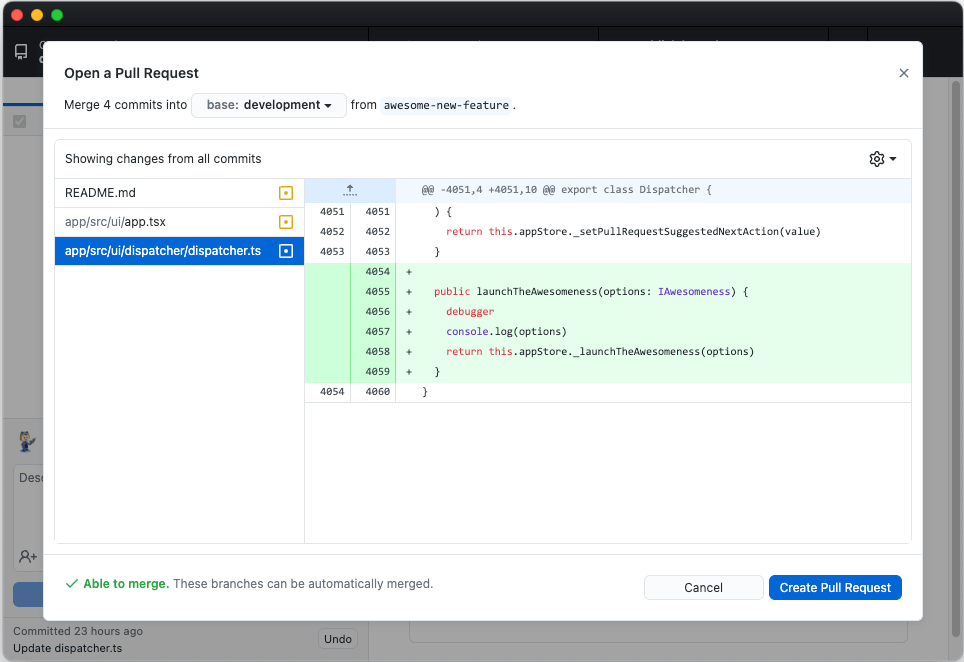 Preview Pull Request Image showing debugger in a diff