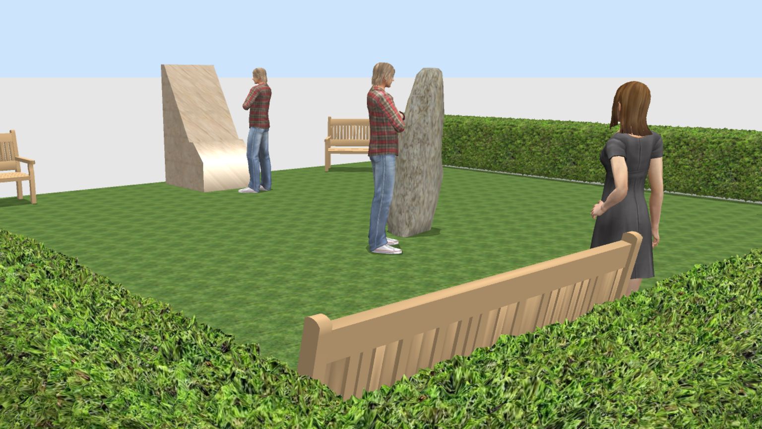 CGI image of three people in a garden, bordered by a hedge and containing several wooden benches, in its corners, and a big monument with a plaque on it