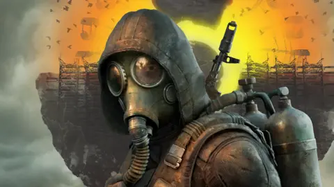 A computer-generated rendering of a character wearing an old-fashioned gas mask with a hose connecting the mouthpiece to an oxygen tank on their back. They wear a thick coat with the hood up, and in the background an abstract image of exploding metal structures is visible.