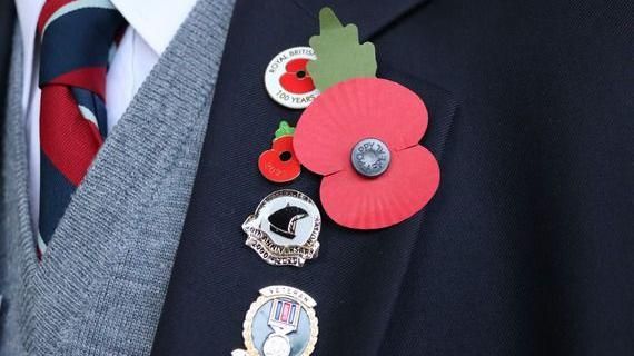 A close-up picture of a man wearing a dark blazer with a red poppy and other military medals on it, The man is also wearing a grey cardigan and a red and blue striped tie