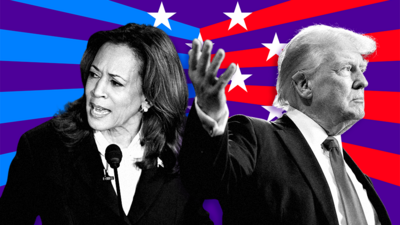 Kamala Harris and Donald Trump over a purple background with blue and red stripes with white stars.