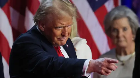 Donald Trump pointing his finger in front of a US flag