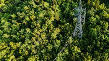 Aerial Drone View Power Pylon in forest