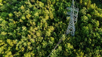 Aerial Drone View Power Pylon in forest