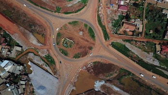 Aerial View Of Roundabout Under Construction On The Northern Bypass Project Kampala Uganda Gettyimages 1181396293