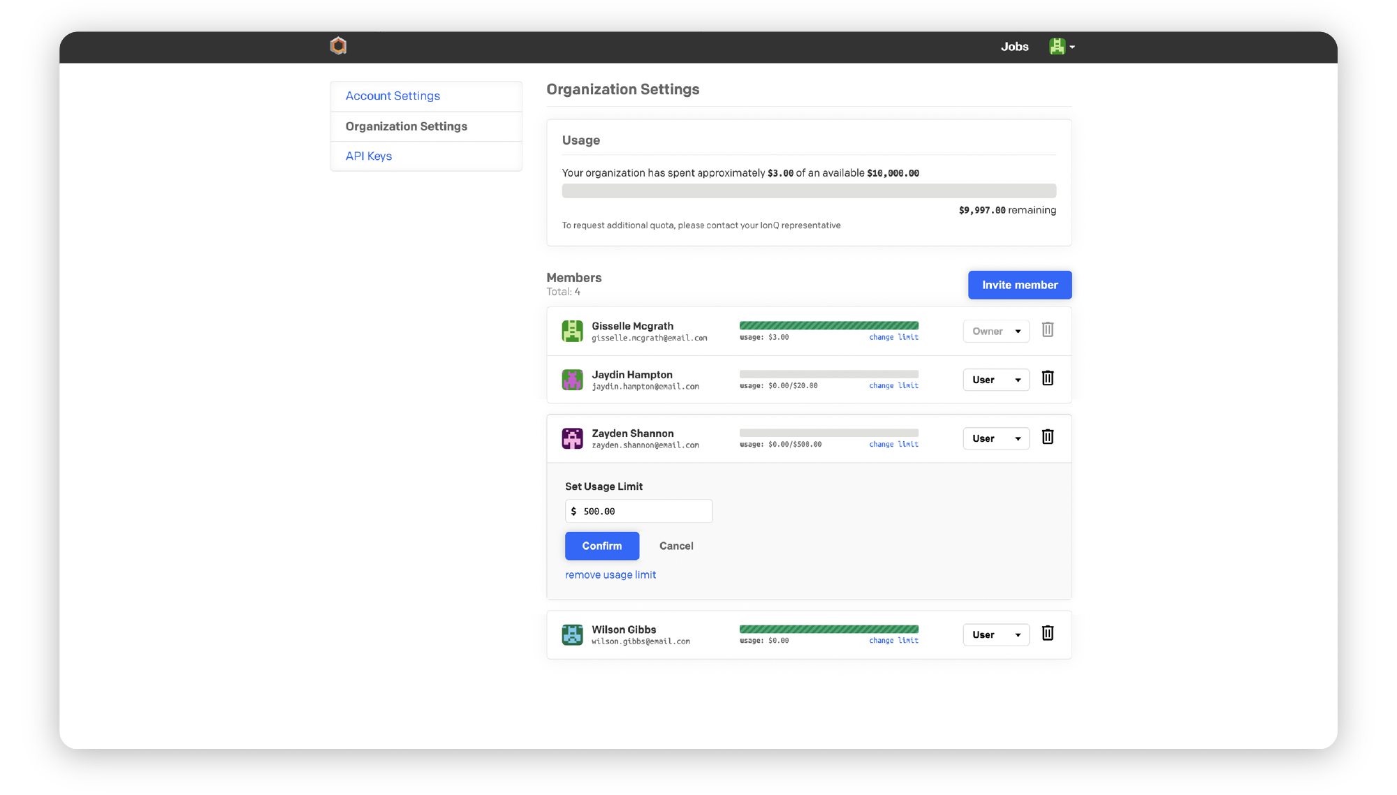 screenshot of quantum cloud console UI with user management workflow