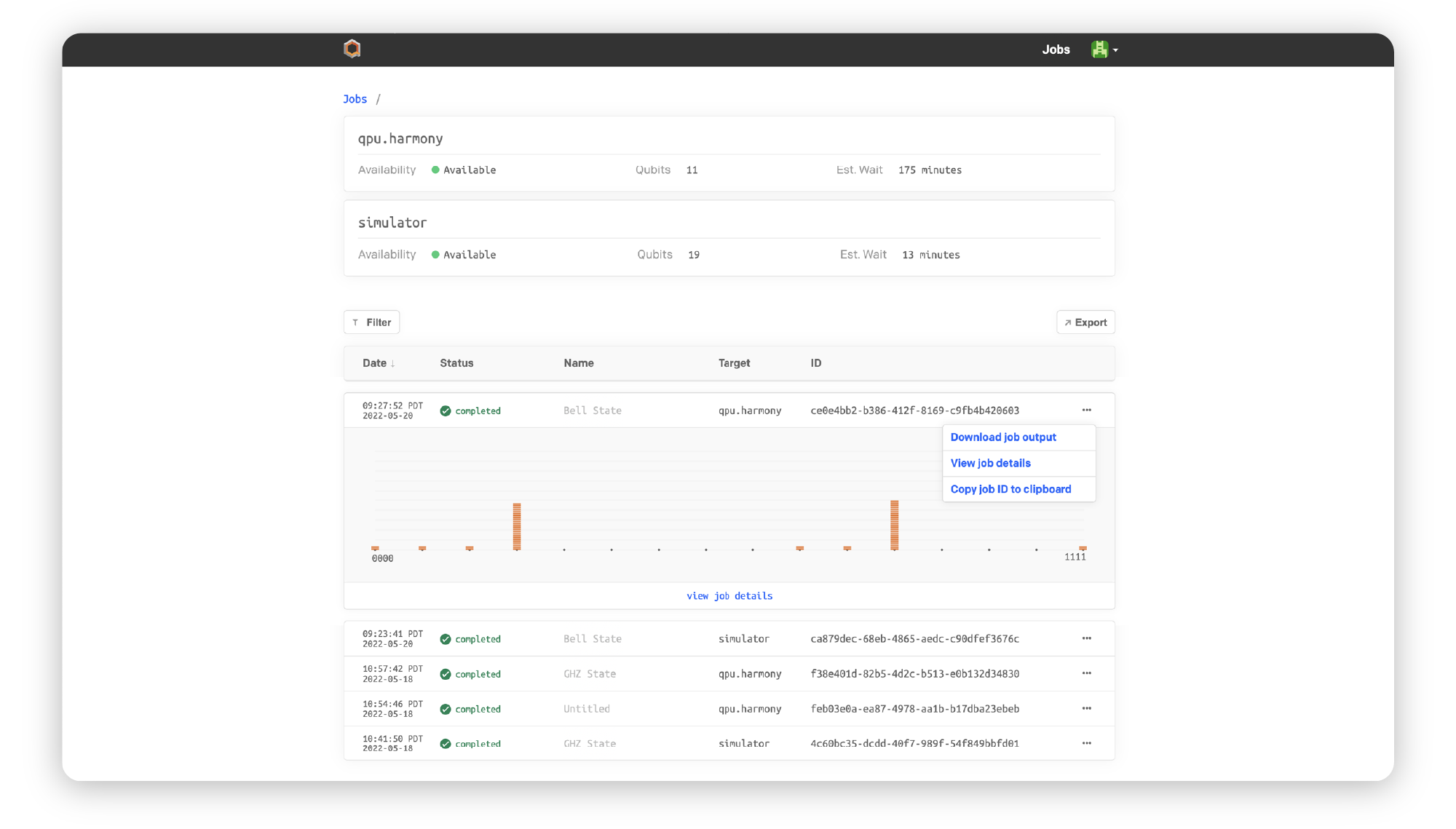 screenshot of quantum cloud console UI with list of executed jobs