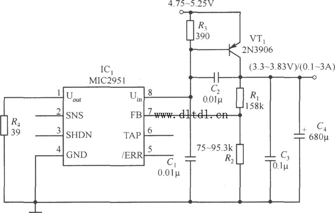 基于MIC2951和PNP型晶体管的扩流电路原理图