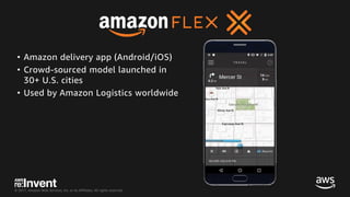 © 2017, Amazon Web Services, Inc. or its Affiliates. All rights reserved.
• Amazon delivery app (Android/iOS)
• Crowd-sourced model launched in
30+ U.S. cities
• Used by Amazon Logistics worldwide
 