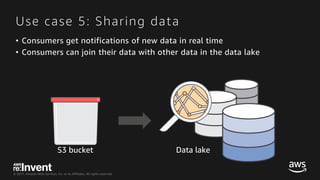 © 2017, Amazon Web Services, Inc. or its Affiliates. All rights reserved.
Use case 5: Sharing data
• Consumers get notifications of new data in real time
• Consumers can join their data with other data in the data lake
S3 bucket Data lake
 