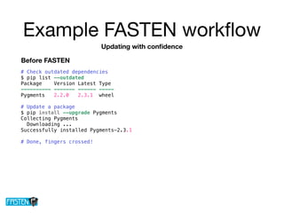 Example FASTEN workﬂow
# Check outdated dependencies
$ pip list --outdated
Package Version Latest Type
---------- ------- ------ -----
Pygments 2.2.0 2.3.1 wheel
# Update a package
$ pip install --upgrade Pygments
Collecting Pygments
Downloading ...
Successfully installed Pygments-2.3.1
# Done, fingers crossed!
Updating with conﬁdence
Before FASTEN
 