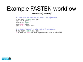 Example FASTEN workﬂow
Maintaining a library
# Check uses of function pkg.list() in dependents
$ pip query --uses pkg.list
depA(v1.2).parse()
depA(v1.2).test()
depB(0.0.2).foo()
depC(1.2.1).calculate()
# Estimate "damage" if pkg.list will be updated
$ pip query —total pkg.list
3 direct and 223 indirect dependencies will be affected
 