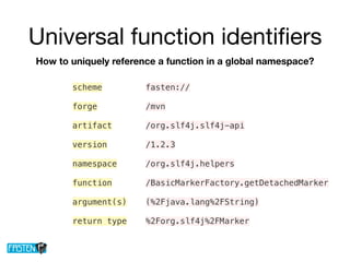 Universal function identiﬁers
How to uniquely reference a function in a global namespace?
fasten://
/mvn
/org.slf4j.slf4j-api
/1.2.3
/org.slf4j.helpers
/BasicMarkerFactory.getDetachedMarker
(%2Fjava.lang%2FString)
%2Forg.slf4j%2FMarker
scheme
forge
artifact
version
namespace
function
argument(s)
return type
 