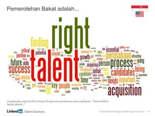 Trend Perekrutan Sejagat LinkedIn bagi Tahun 2013 19
Pemerolehan Bakat adalah...
Lengkapkan ayat berikut dengan hanya satu perkataan atau ungkapan: "Pemerolehan
bakat adalah..."
 