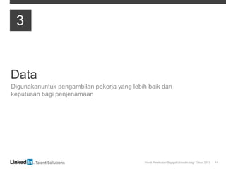 Trend Perekrutan Sejagat LinkedIn bagi Tahun 2013 11
Data
Digunakanuntuk pengambilan pekerja yang lebih baik dan
keputusan bagi penjenamaan
3
 